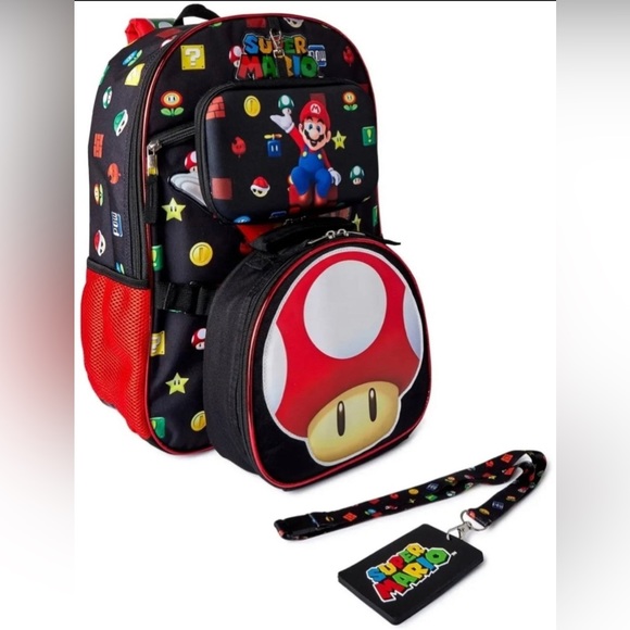 Super Mario Backpack 4pc set - backpack 17”, lunch bag, gadget case & lanyard - Picture 4 of 9